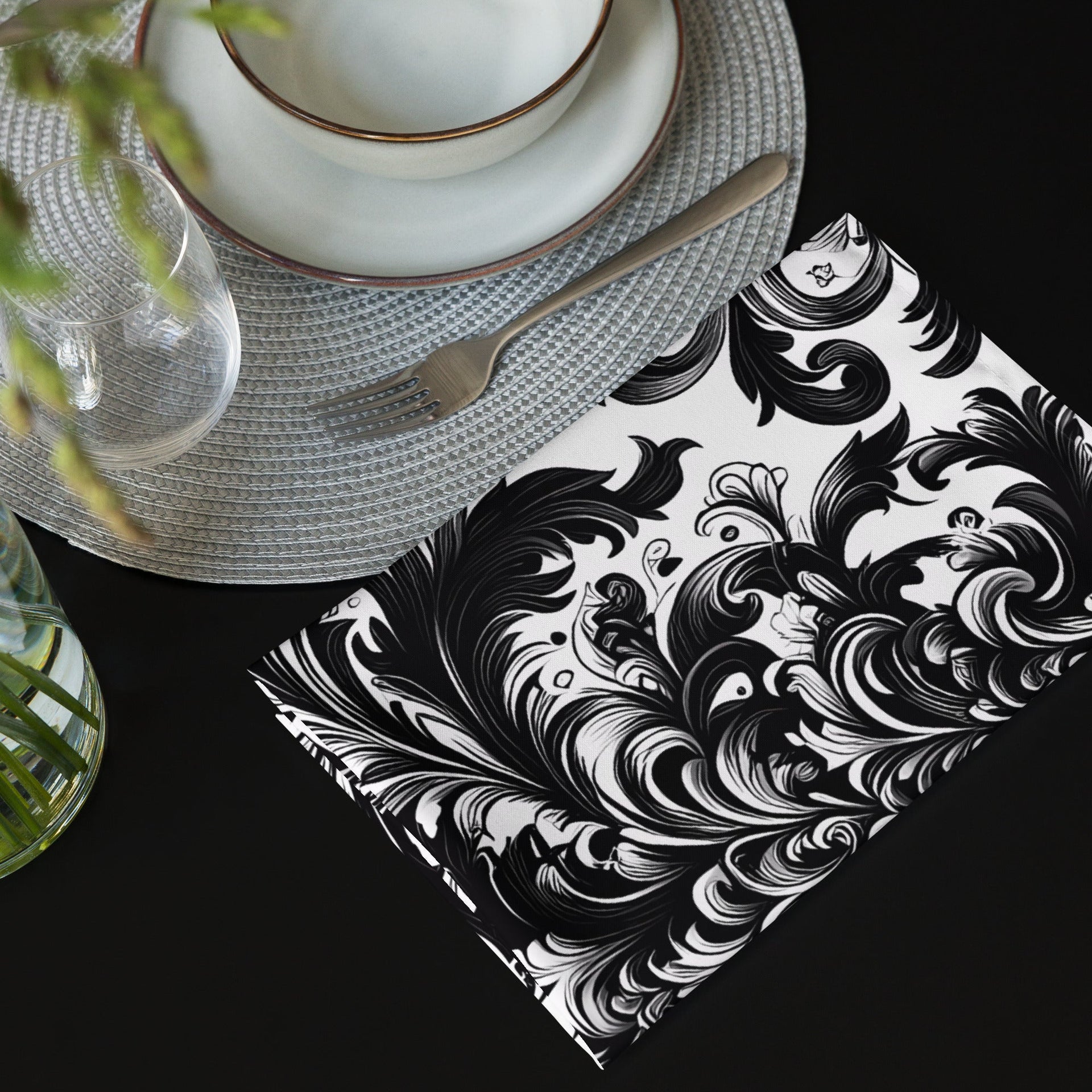 Black and White Damask Cloth Napkin Set – Elegant Reusable Fabric Napkins for Dining & Events