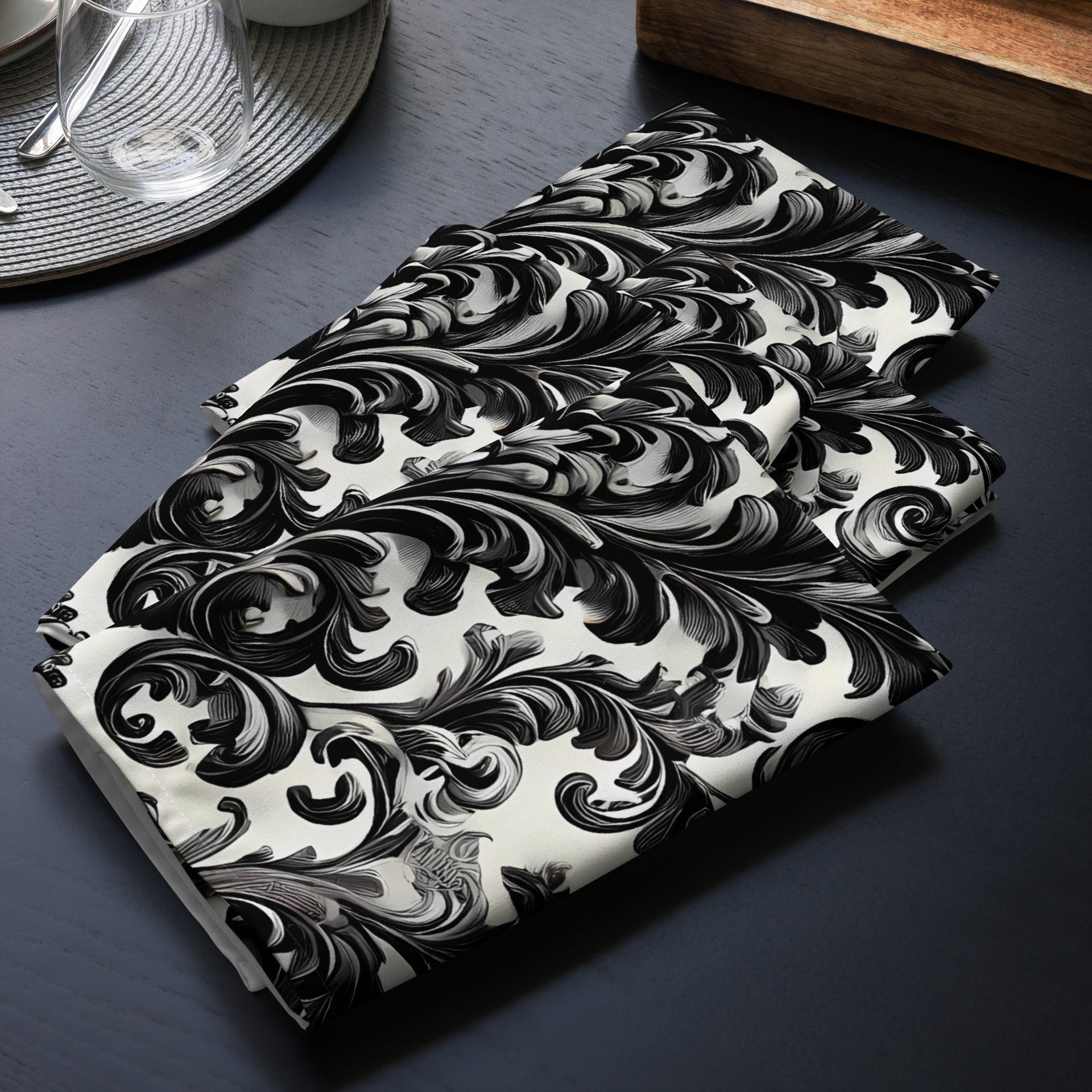 Black and White Damask Cloth Napkin Set - Elegant Reusable Fabric Napkins for Dining, Wedding, and Home Décor