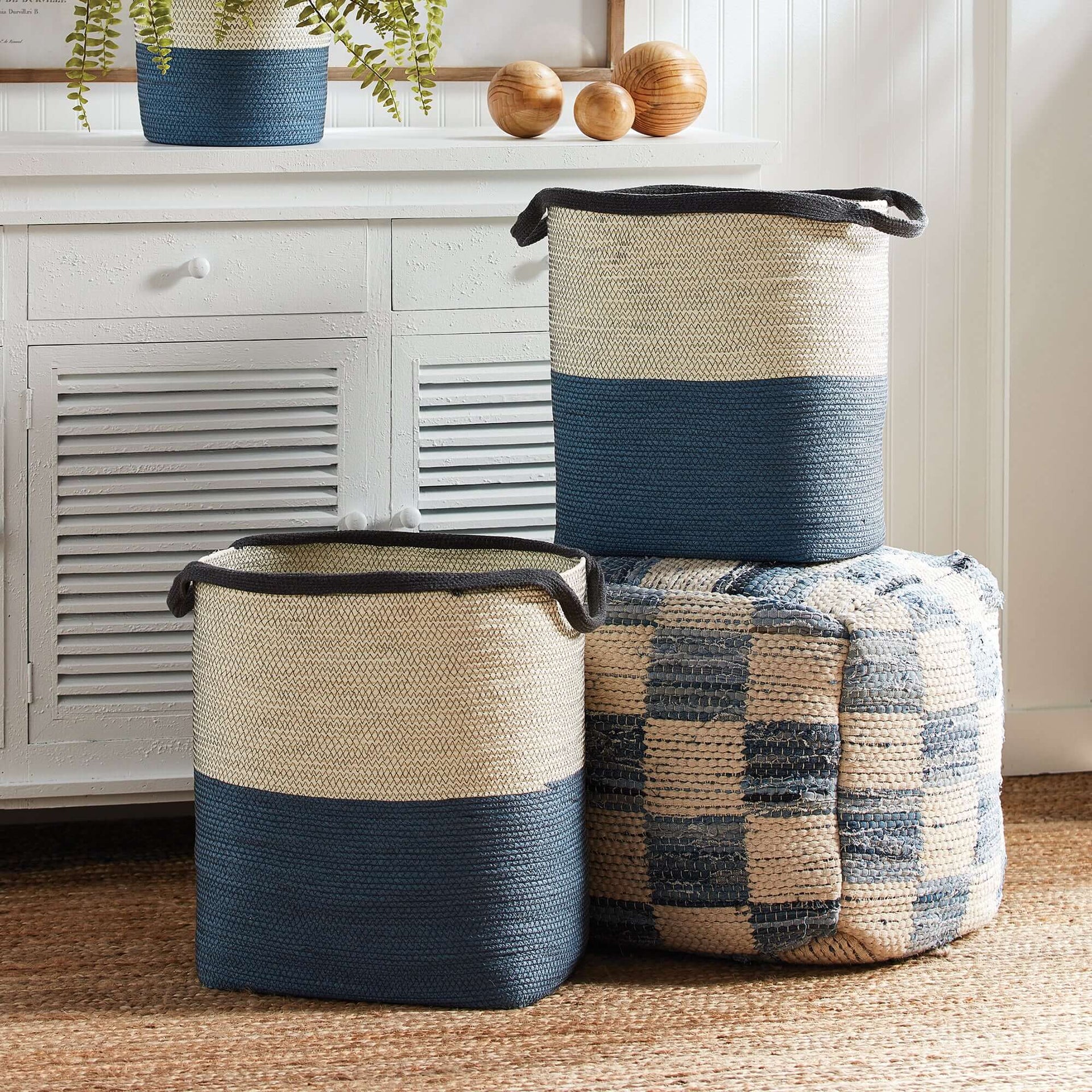 Coastal Blue and Natural Woven Storage Baskets with Handles (Set of 2)