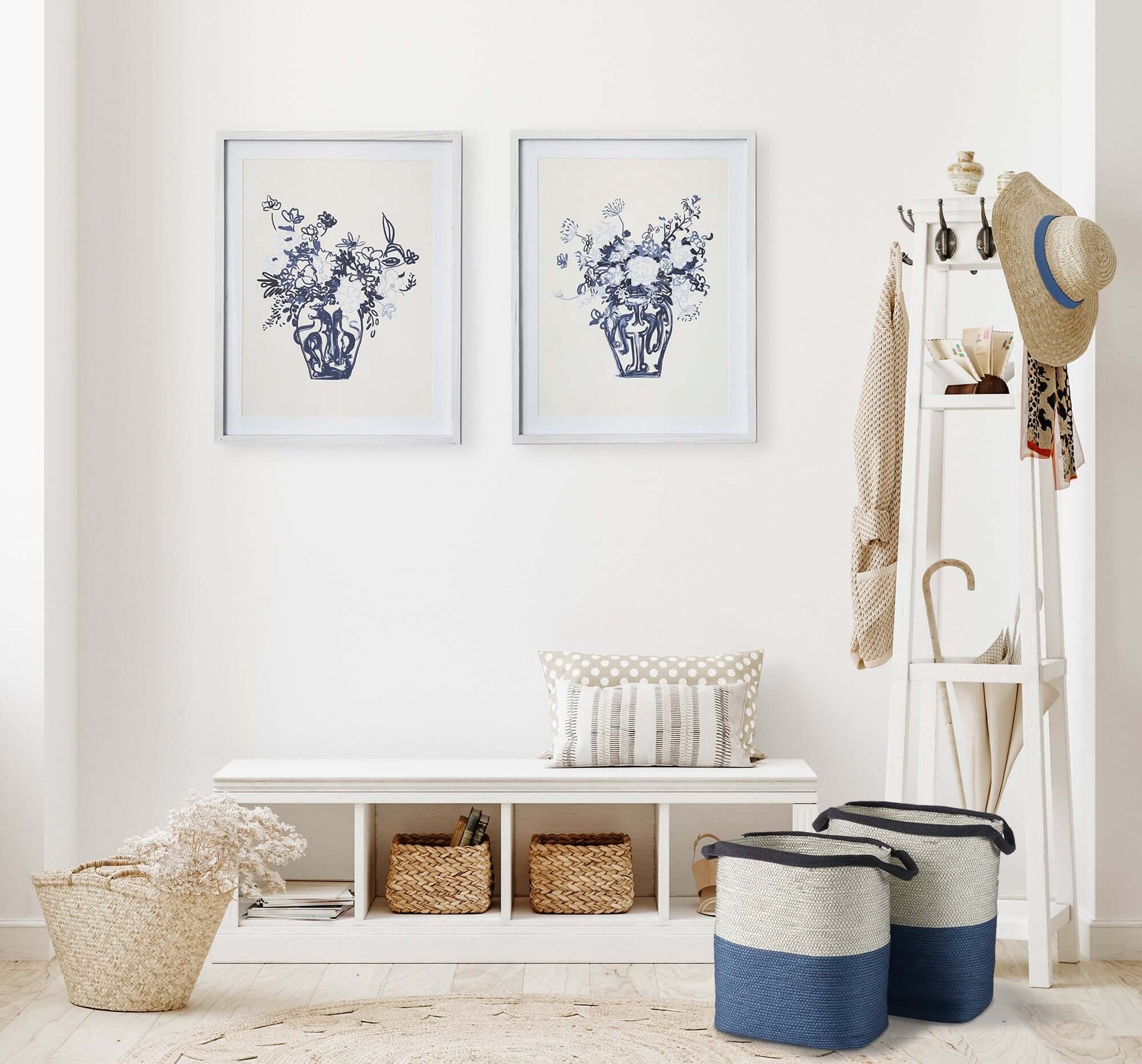 Coastal Blue and Natural Woven Storage Baskets with Handles (Set of 2)