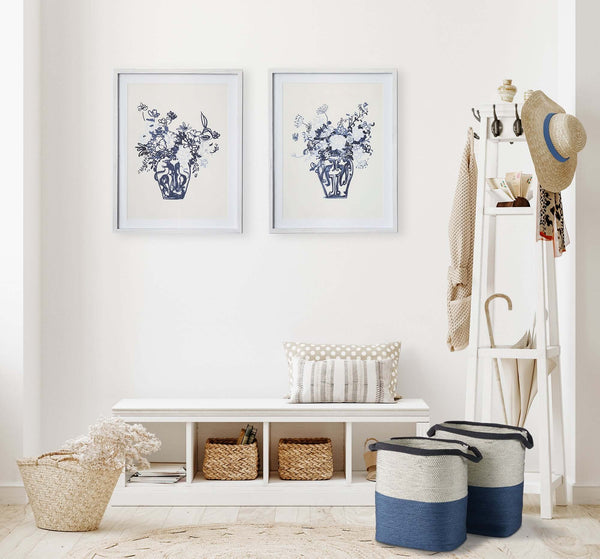 Coastal Blue and Natural Woven Storage Baskets with Handles (Set of 2)