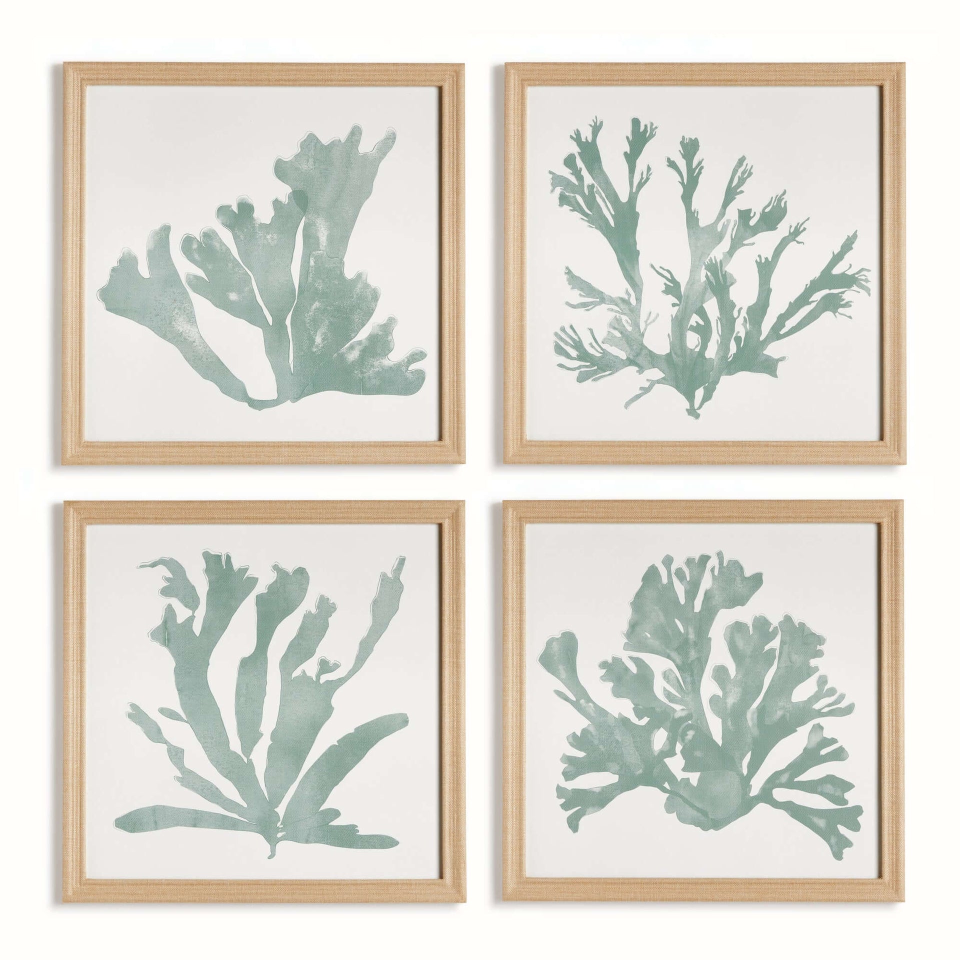 Coastal Framed Coral Silhouette Prints in Natural Wood Frames (Set of 4)