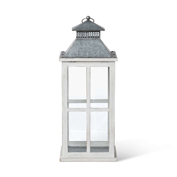 Coastal Whitewash Wood and Glass Lantern with Galvanized Metal Top