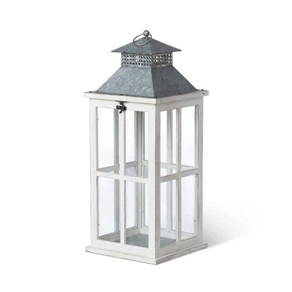 Coastal Whitewash Wood and Glass Lantern with Galvanized Metal Top