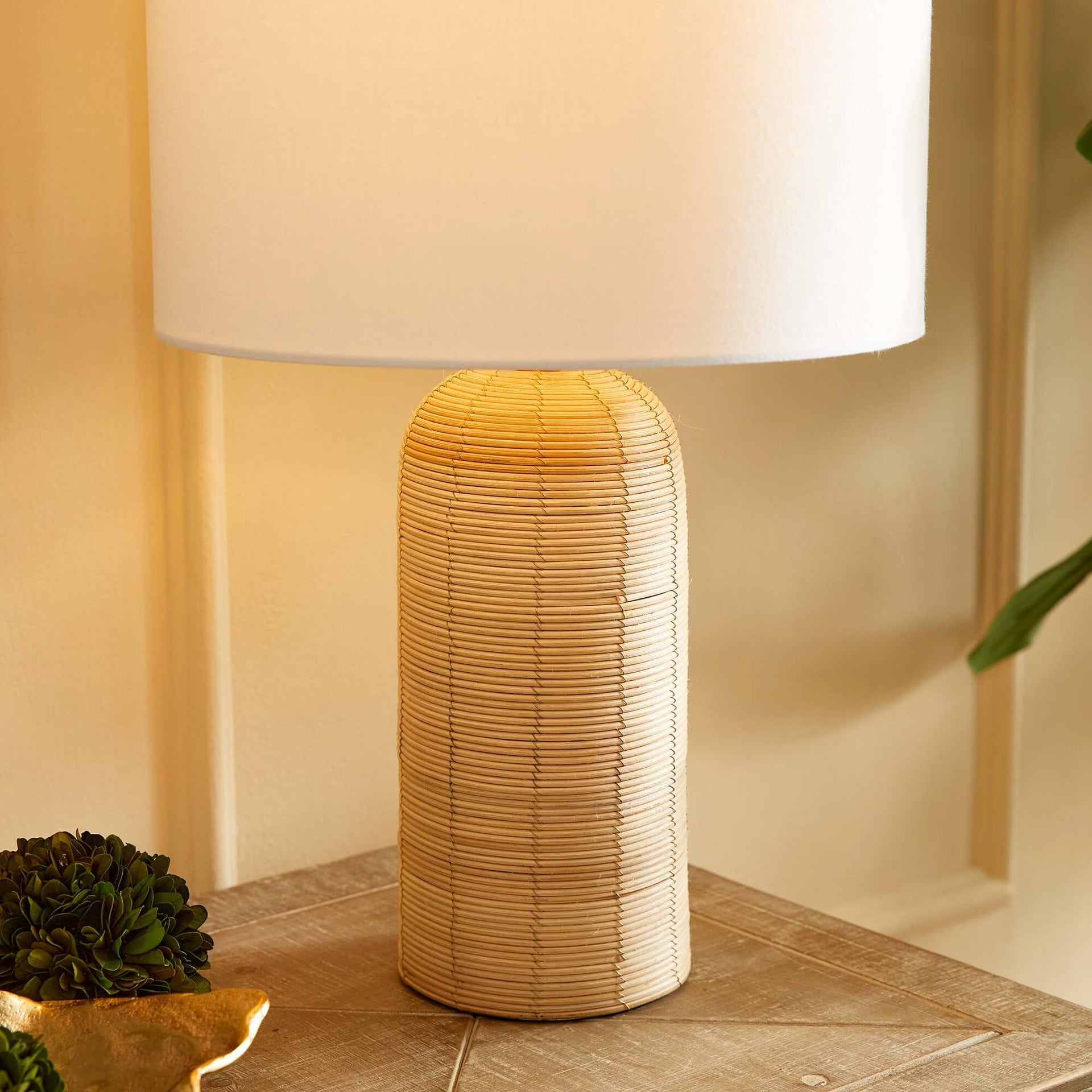 Coastal Woven Rattan Table Lamp with White Drum Shade
