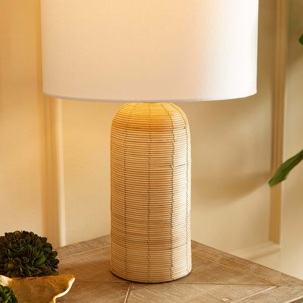 Coastal Woven Rattan Table Lamp with White Drum Shade