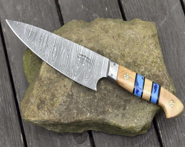 Cobalt Damascus Chef Knife with Leopard Wood and Turquoise Handle