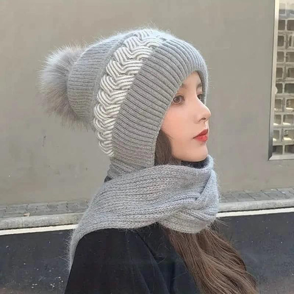 Coldproof Warm Beanie With Pom Classic Hooded Scarf Elastic Knit Hats Warm Beanies