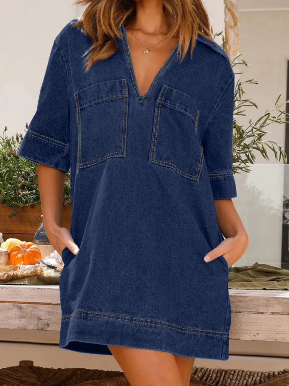Collar Half Sleeve Denim Dress