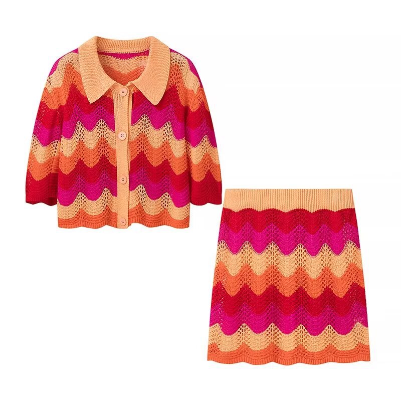 Collar striped contrasting knit shirt+half skirt set