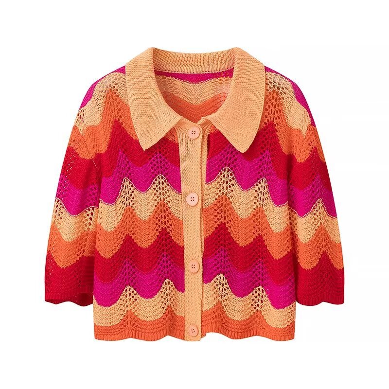 Collar striped contrasting knit shirt+half skirt set