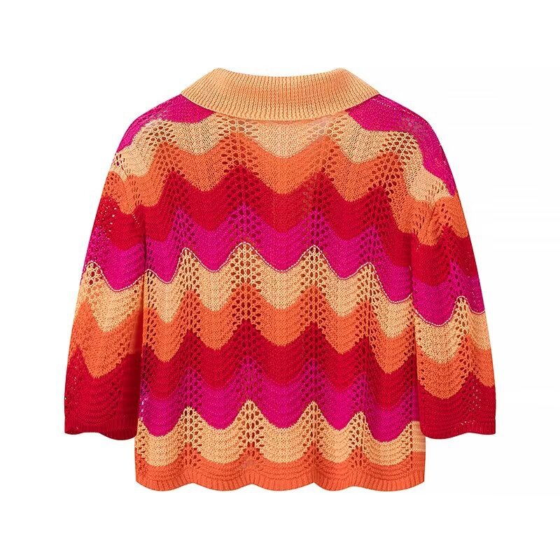 Collar striped contrasting knit shirt+half skirt set