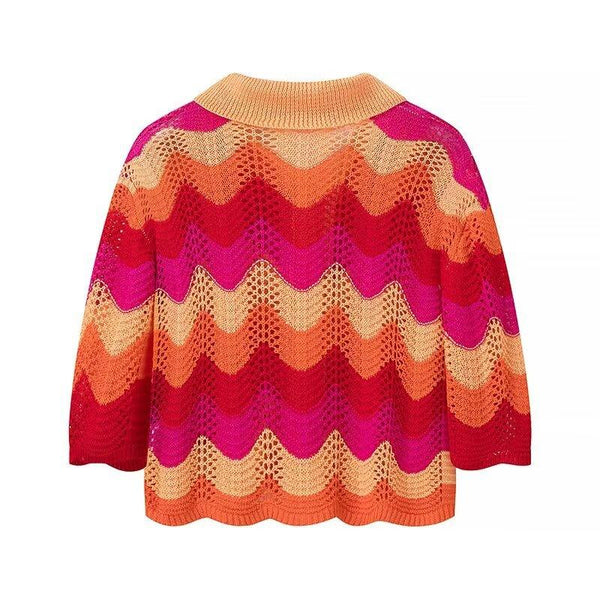 Collar striped contrasting knit shirt+half skirt set