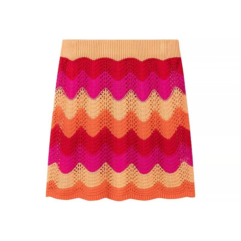 Collar striped contrasting knit shirt+half skirt set