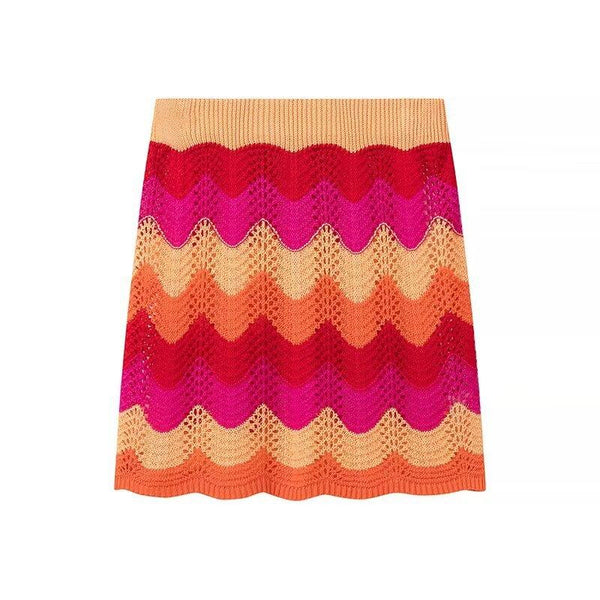 Collar striped contrasting knit shirt+half skirt set