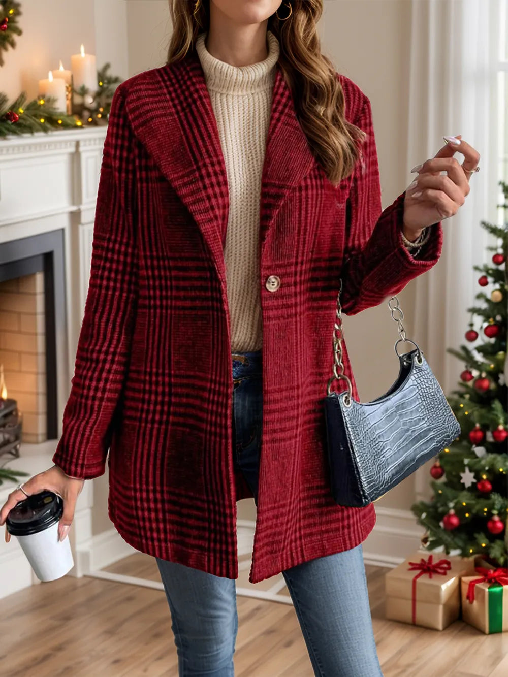 Collar woolen plaid coat with slim fit temperament