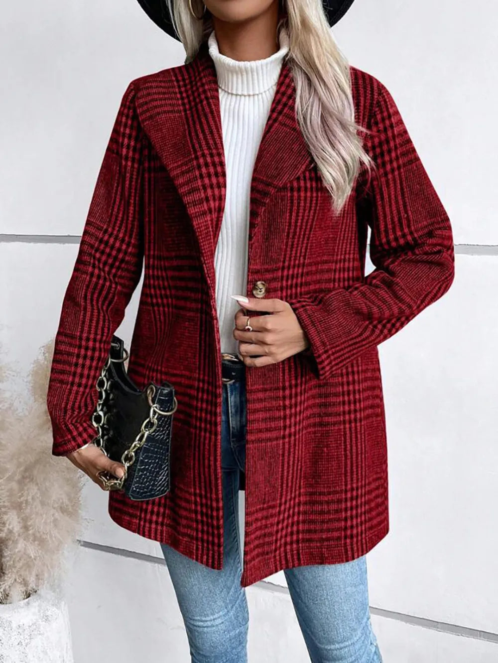 Collar woolen plaid coat with slim fit temperament