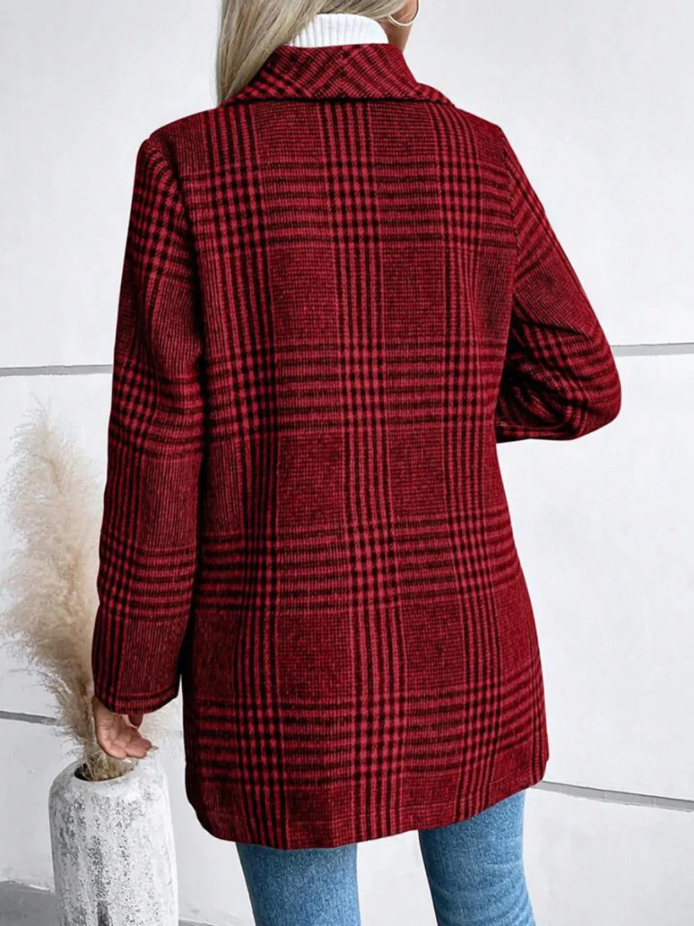 Collar woolen plaid coat with slim fit temperament