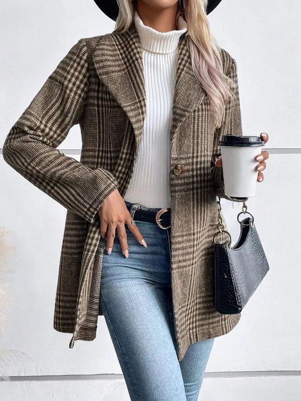 Collar woolen plaid coat with slim fit temperament