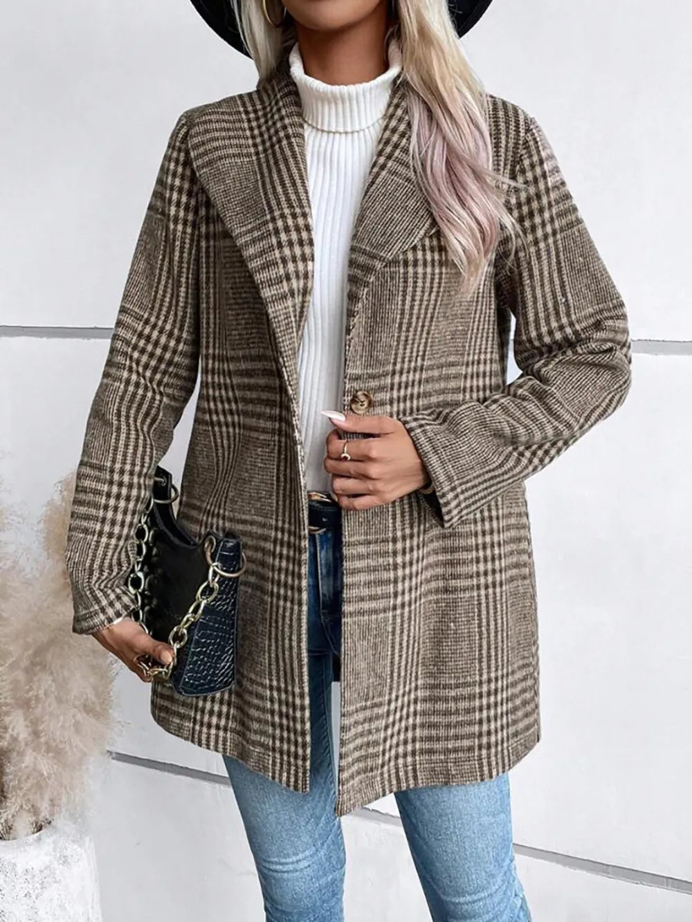 Collar woolen plaid coat with slim fit temperament