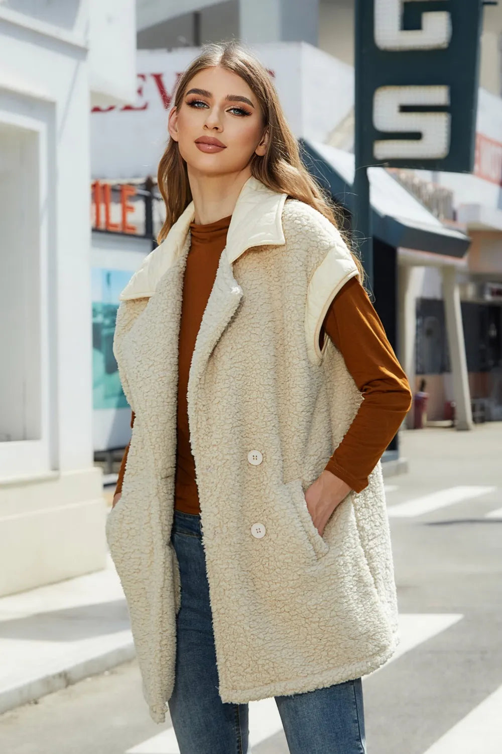 Collared Neck Button Up Vest Coat