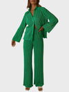 Collared Neck Long Sleeve Top and Pants Lounge Set - Dark Green / S