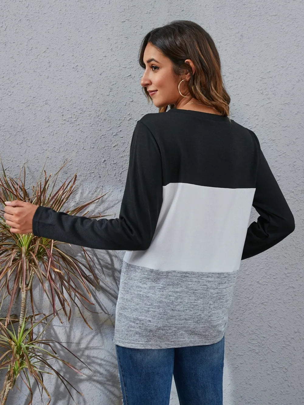 Color Block Round Neck Long Sleeve T-Shirt