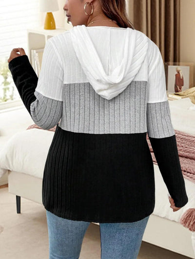 Color blocked hooded long sleeved knitted sweater plus size hoodie