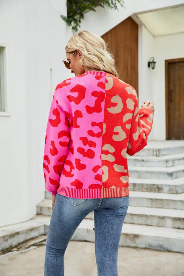 Color blocked leopard print V-neck single breasted cardigan sweater