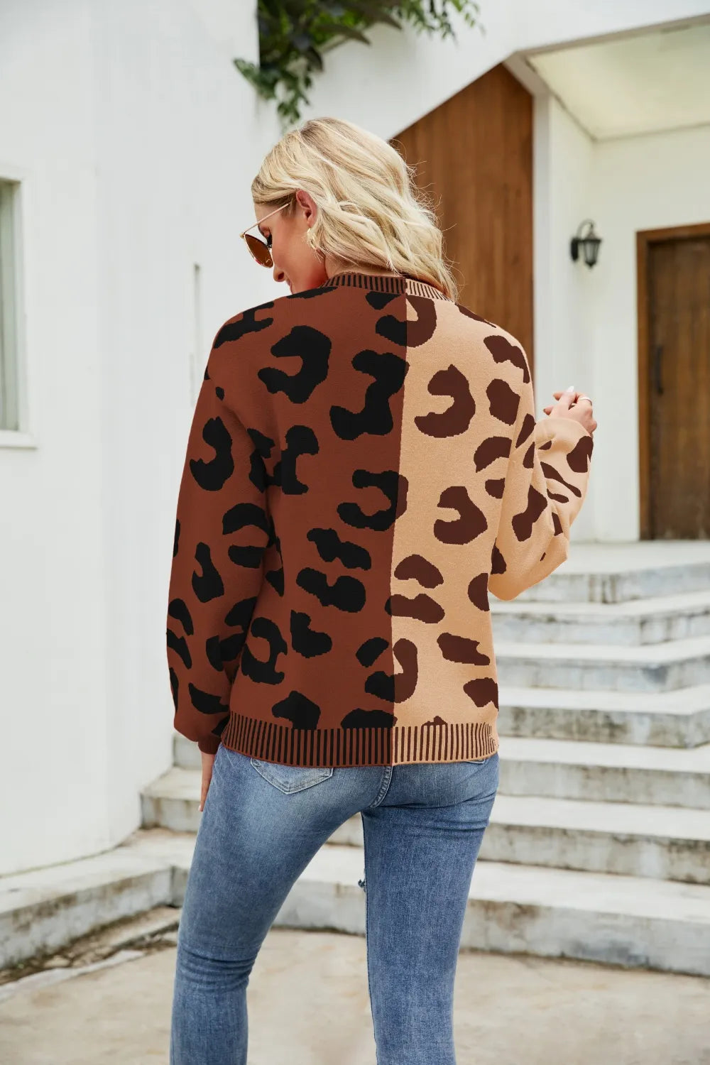 Color blocked leopard print V-neck single breasted cardigan sweater