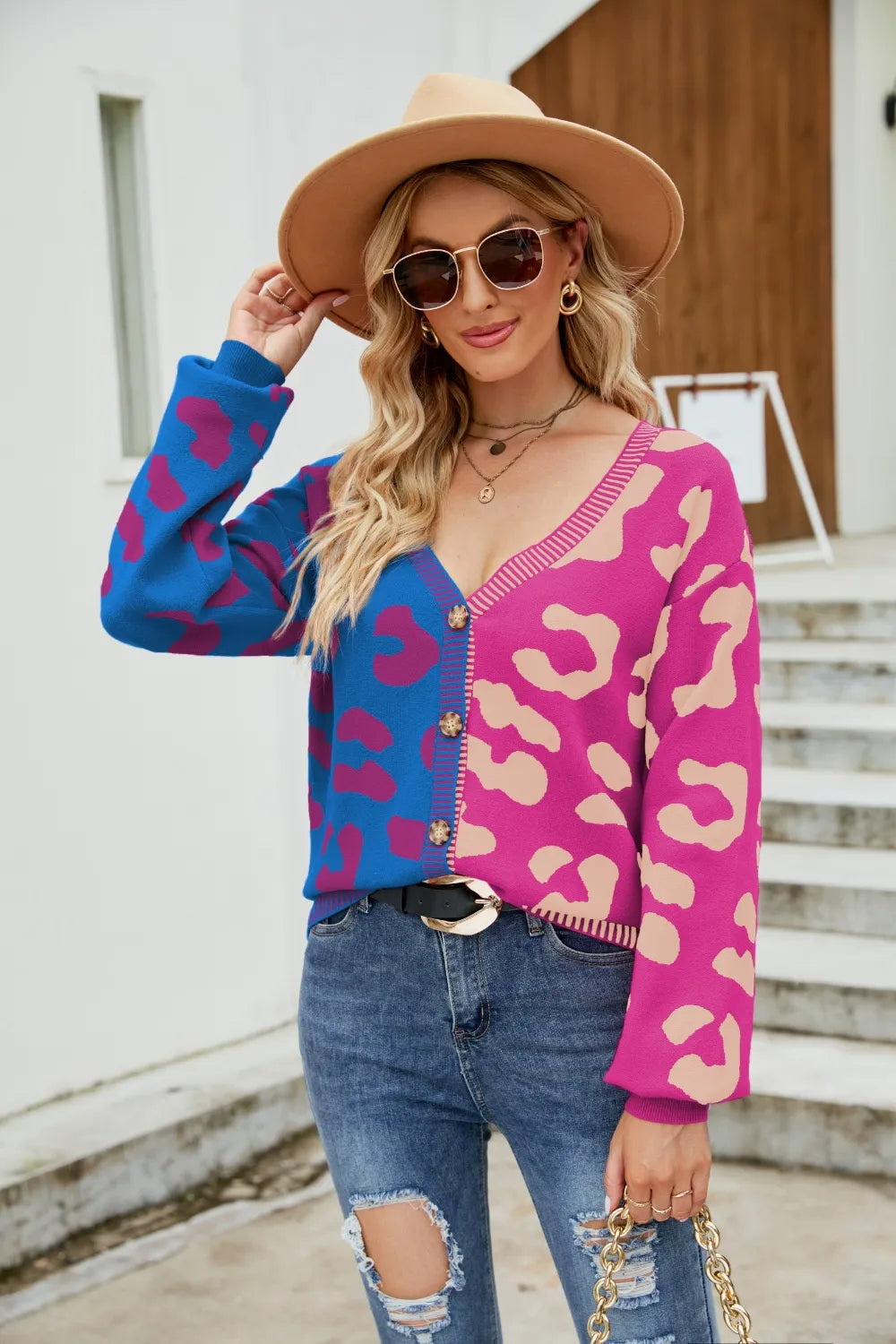 Color blocked leopard print V-neck single breasted cardigan sweater
