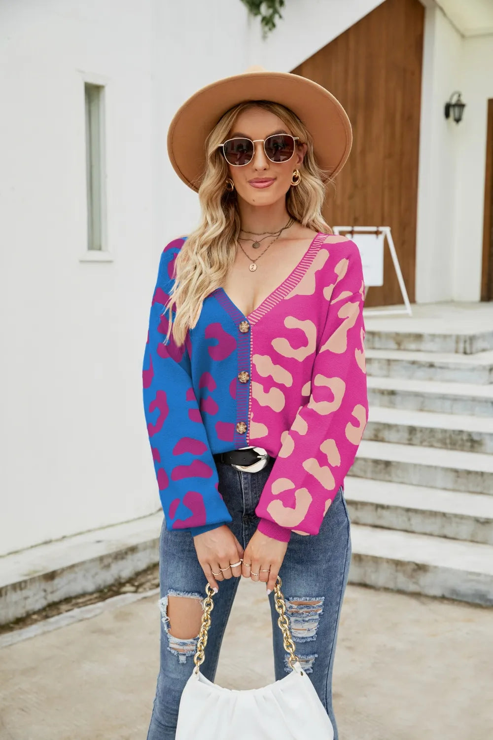 Color blocked leopard print V-neck single breasted cardigan sweater
