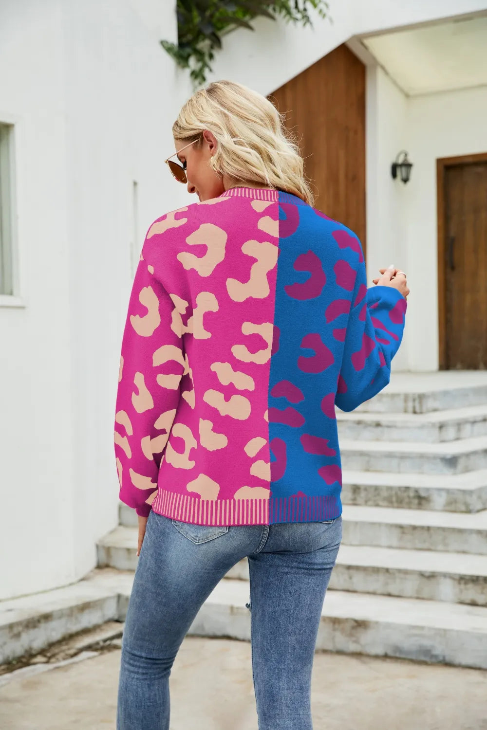 Color blocked leopard print V-neck single breasted cardigan sweater