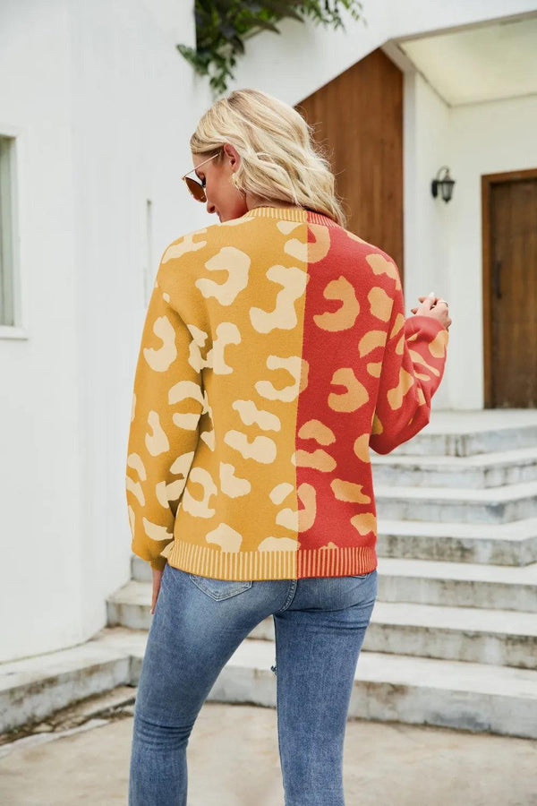 Color blocked leopard print V-neck single breasted cardigan sweater