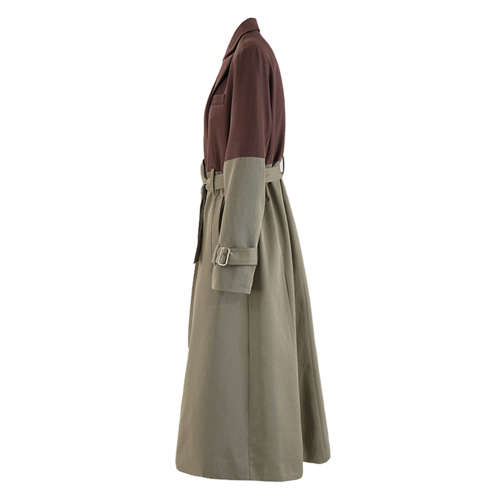 Color blocking patchwork windbreaker women's lace up waist cinched long jacket coat