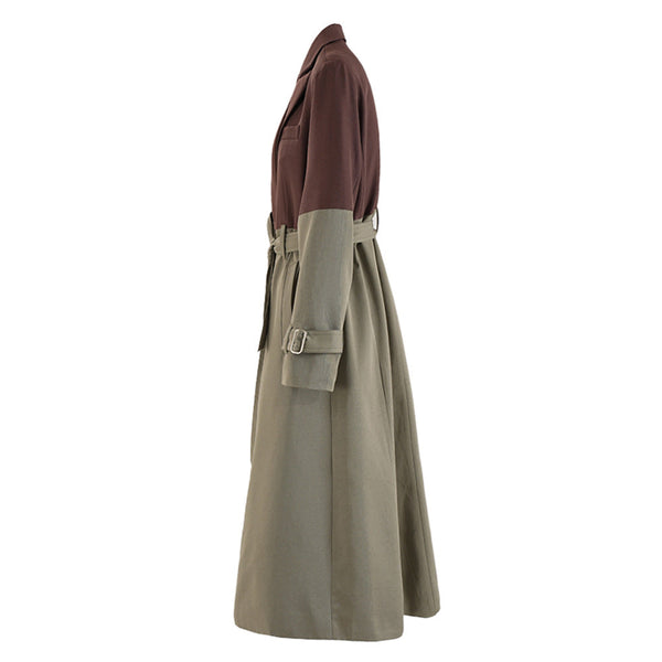 Color blocking patchwork windbreaker women's lace up waist cinched long jacket coat
