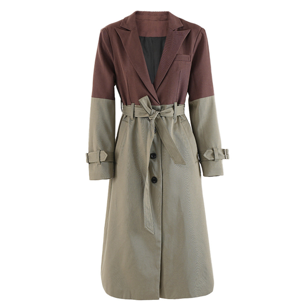 Color blocking patchwork windbreaker women's lace up waist cinched long jacket coat