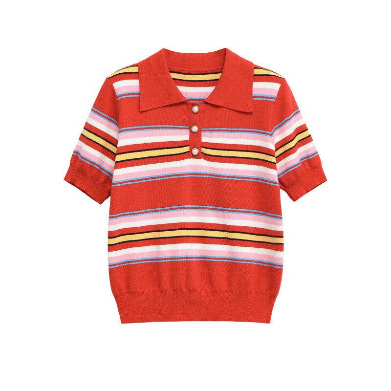 Color blocking striped knit sweater+skirt set for women