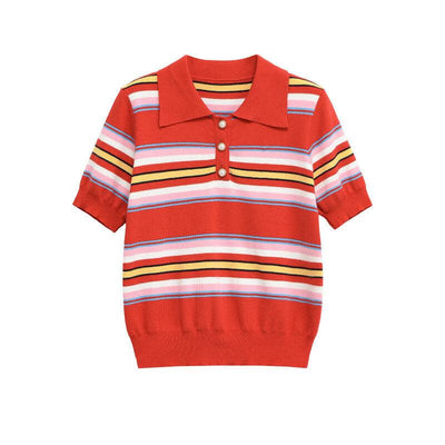 Color blocking striped knit sweater+skirt set for women
