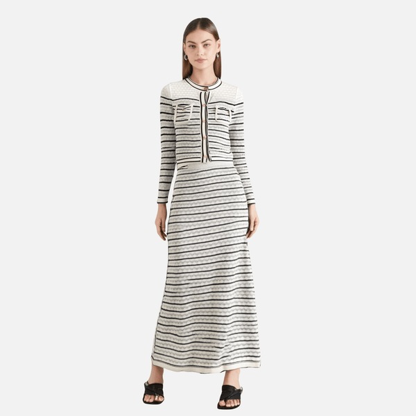 Color blocking striped women's knitted sweater top+striped hollow knitted skirt set for women