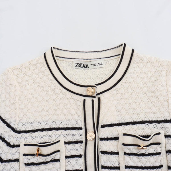 Color blocking striped women's knitted sweater top+striped hollow knitted skirt set for women