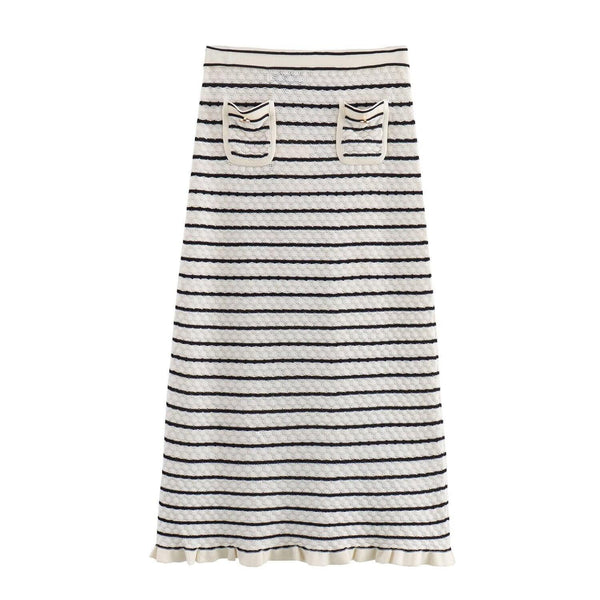 Color blocking striped women's knitted sweater top+striped hollow knitted skirt set for women