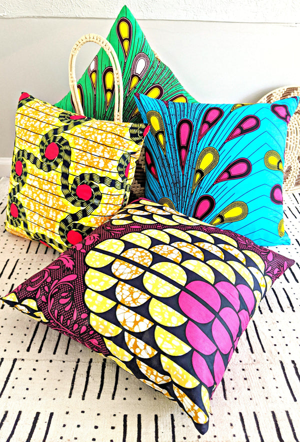 African Print Fabric Pillow Cover -Fuchsia Black Yellow