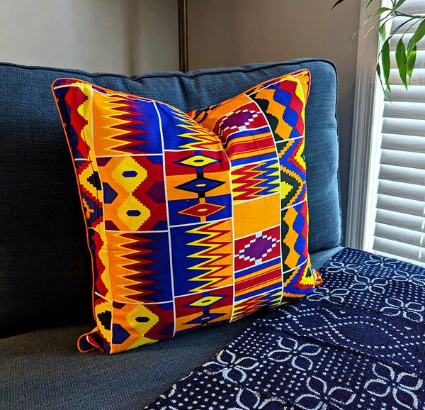 African Print Fabric Pillow Cover - Colorful Kente Style