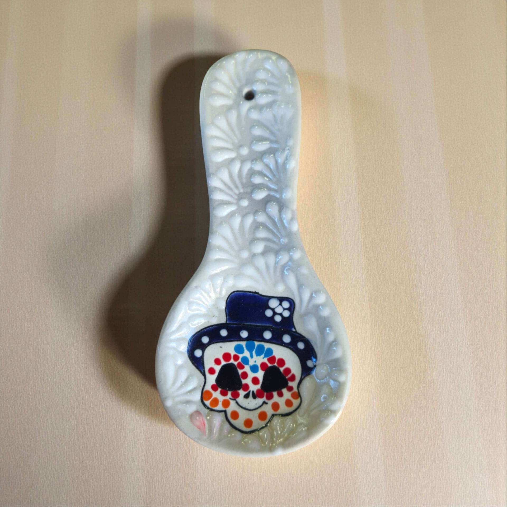 Colorful Talavera Skull Spoon Rest | Mexican Kitchen Art