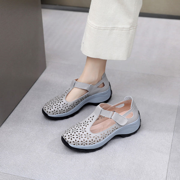 Comfortable flat heeled women's shoes with laser cut holes in the cowhide toe layer sandals with soft low and oversized shoes