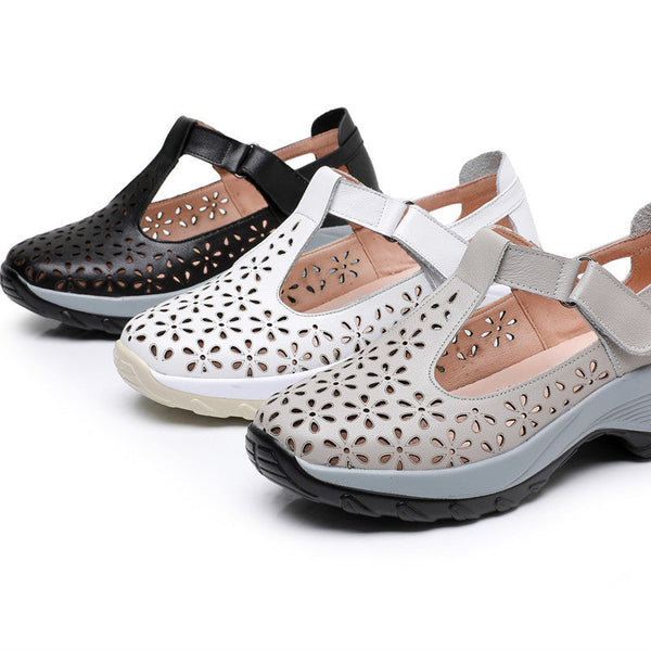 Comfortable flat heeled women's shoes with laser cut holes in the cowhide toe layer sandals with soft low and oversized shoes