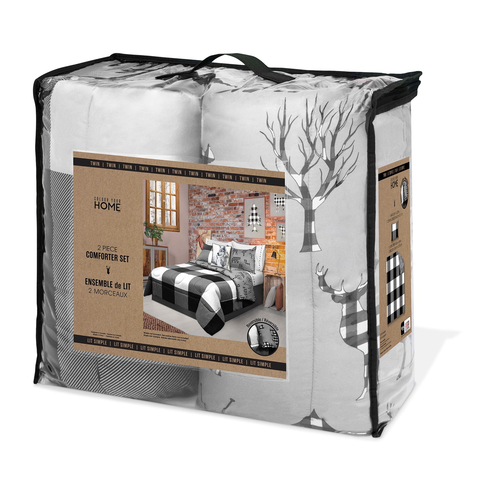 Comforter 3 Piece Set King Printed Buffalo Plaid White/Black