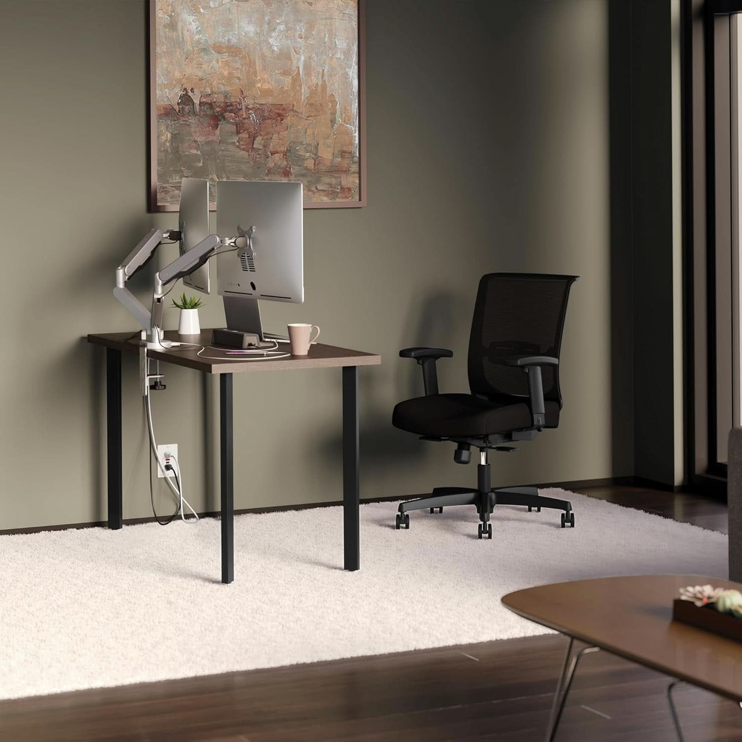Compact Walnut Computer Desk with Black Base for Small Spaces