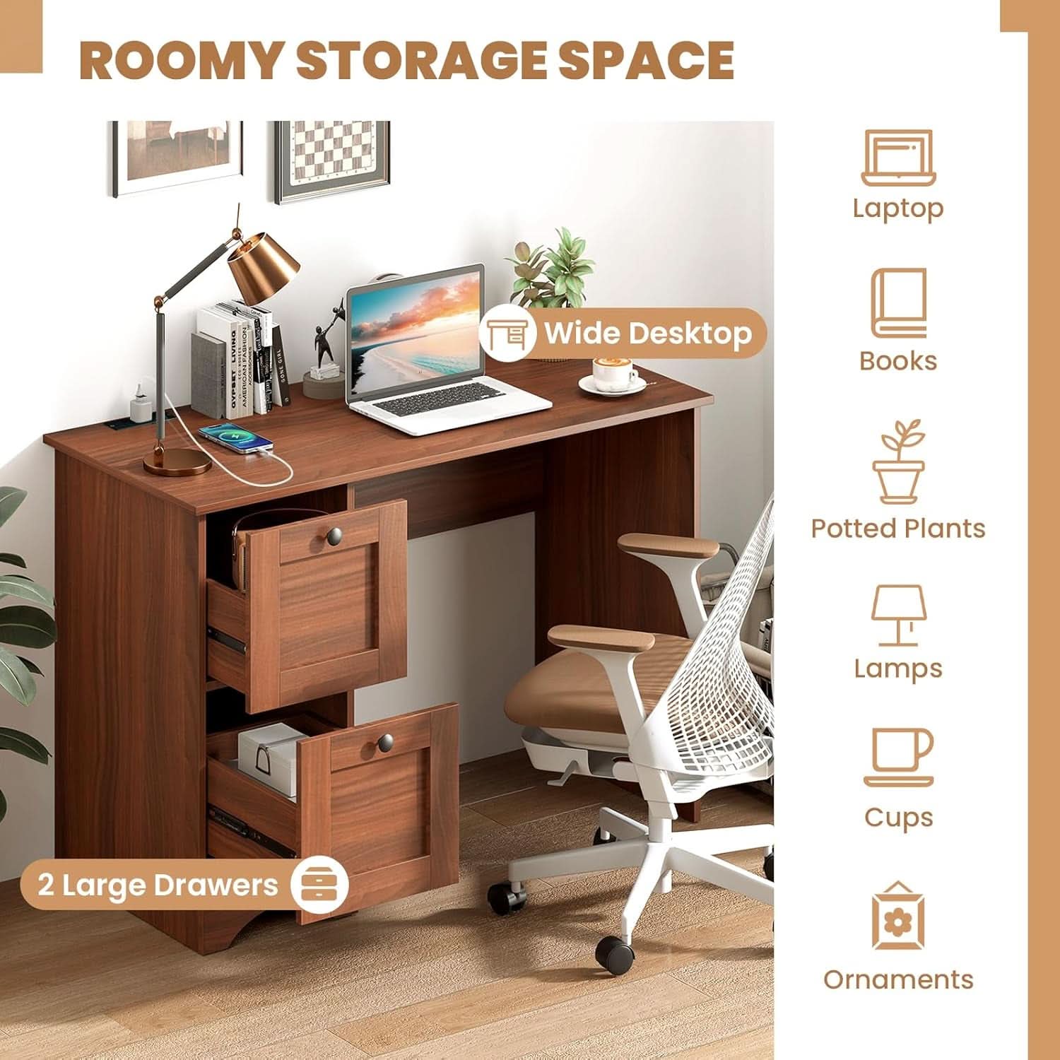 43 Inch Walnut Computer Desk With Charging Station